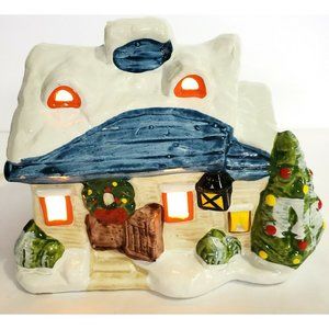 Small CABIN HOUSE Christmas Village accessory building shiny glaze ceramic &cord